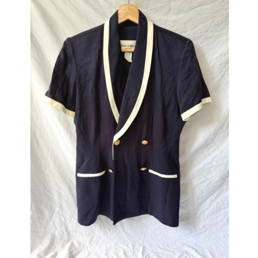 Danny & Nicole Vintage Navy Blue White Trim Double Breasted Blazer Womens 10P‎
